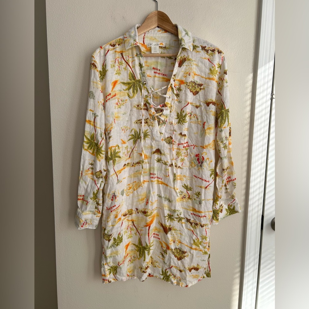 C&C California Linen Blend Lace Up Vacation Tropical Swim Cover Up Size S